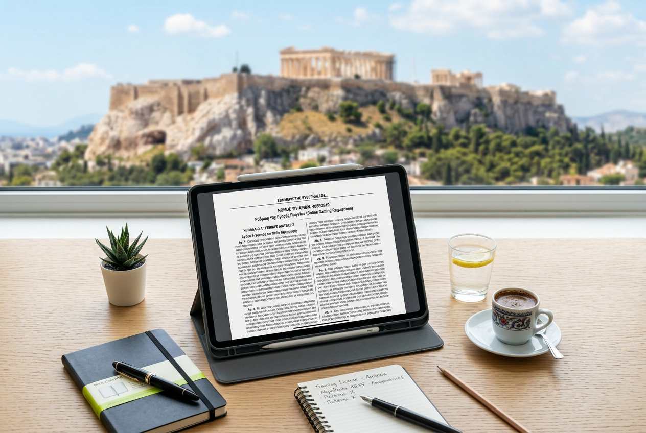 A digital tablet showing official Greek gambling regulation documents next to a cup of coffee