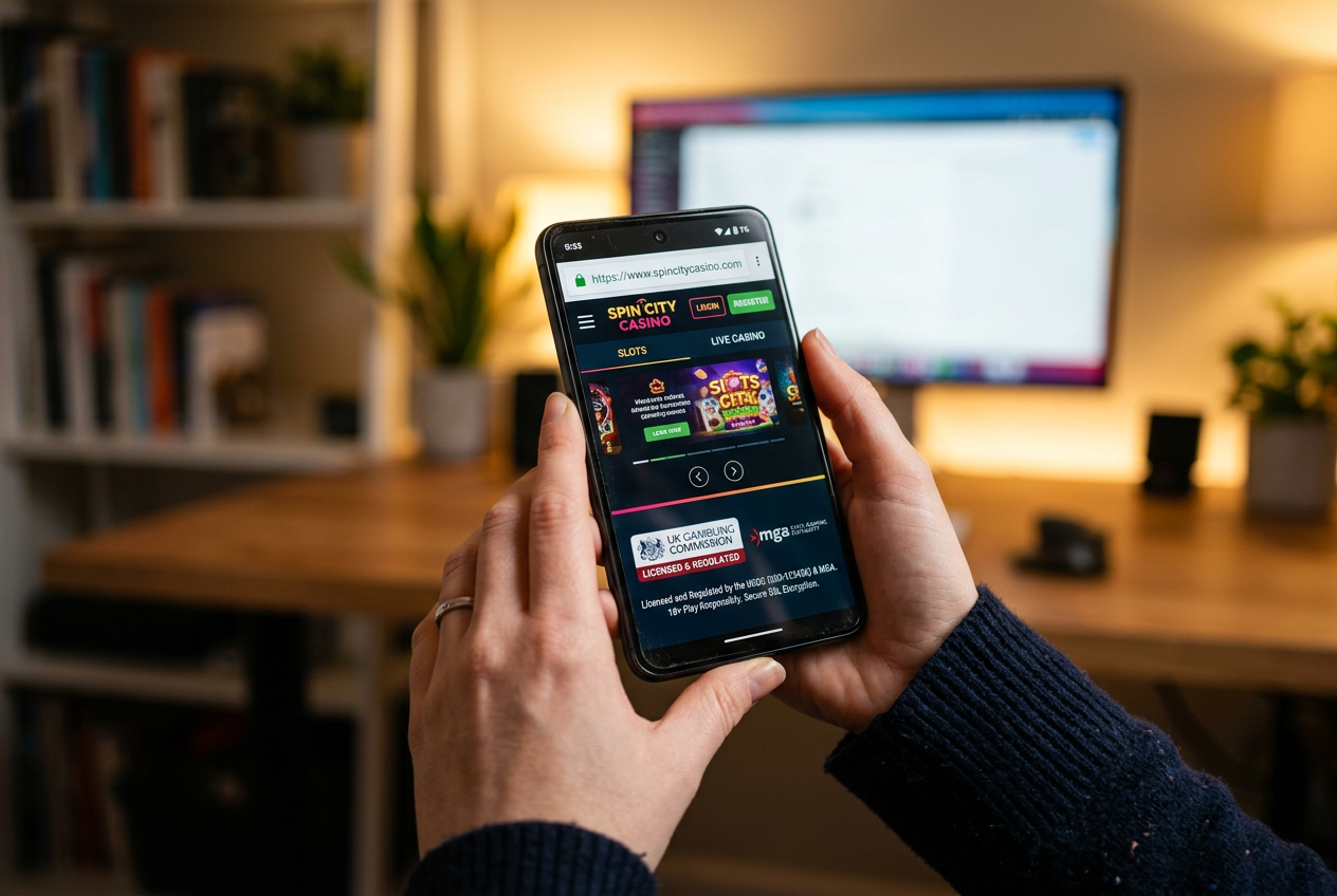 Close-up of a person analyzing casino security certificates on a high-end smartphone